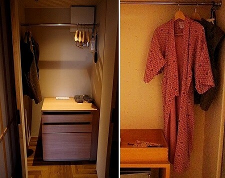 「鬼怒川金谷ホテル」宿泊記、グレードアップ和洋室のクローゼット、スリッパ、浴衣