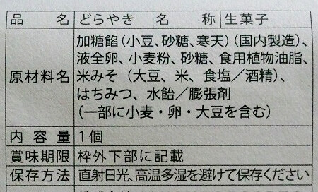 鬼怒川温泉のお土産、金谷菓子本舗の「どらやき」の原材料