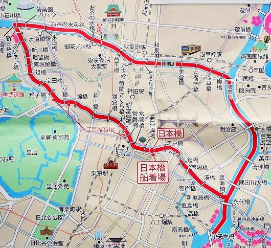 「日本橋クルーズ」の「神田川プチお花見コース90分」の料金とルート