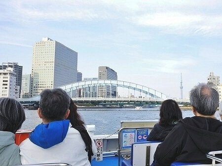 「日本橋クルーズ」の船から見た永代橋とスカイツリー